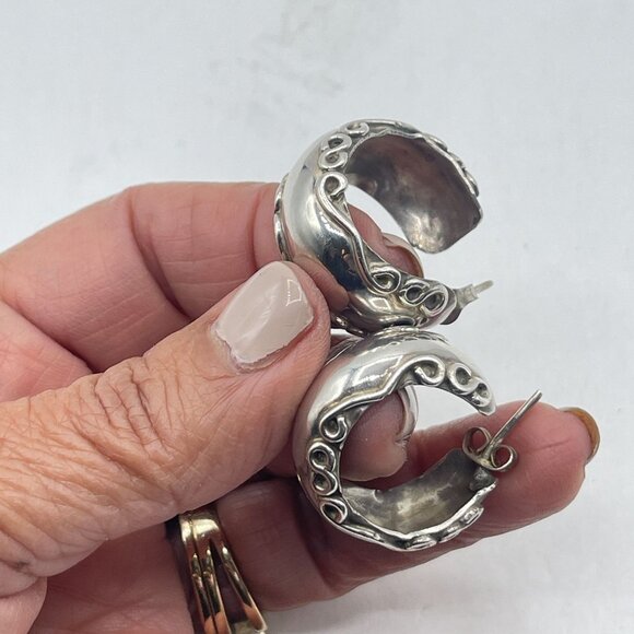 Vintage Sterling Silver Half Hoop Earrings With Intricate Swirl Design - Picture 4 of 8